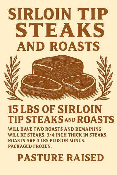 FREE SHIPPING: 15 lbs of sirloin tip steaks/ sirloin tip roasts